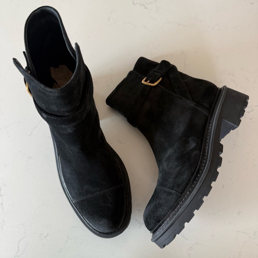 Veronica Beard Black Suede Moto Ankle Boots Lug Sole Size 6 NWOB